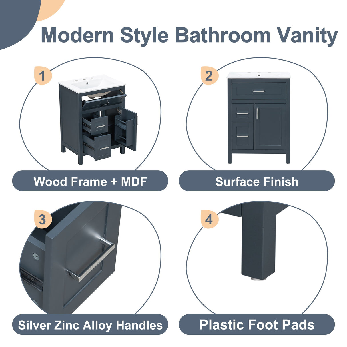 Modern Bathroom Vanity With Sink, Flip Drawer & 2 Drawers, Soft Close Hinges, Adjustable Shelf