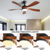 52" Ceiling Fan With 3 Color Dimmable LED Light, 5 Blades, Remote Control, Reversible DC Motor