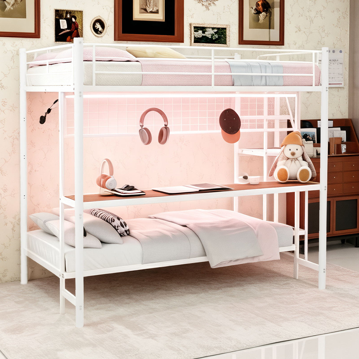 Bunk Bed With Built In Desk And LED Lighting