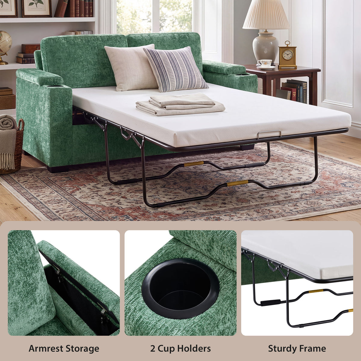 Pull Out Sofa Bed Loveseat With Twin Mattress, Cup Holders And Arm Storage