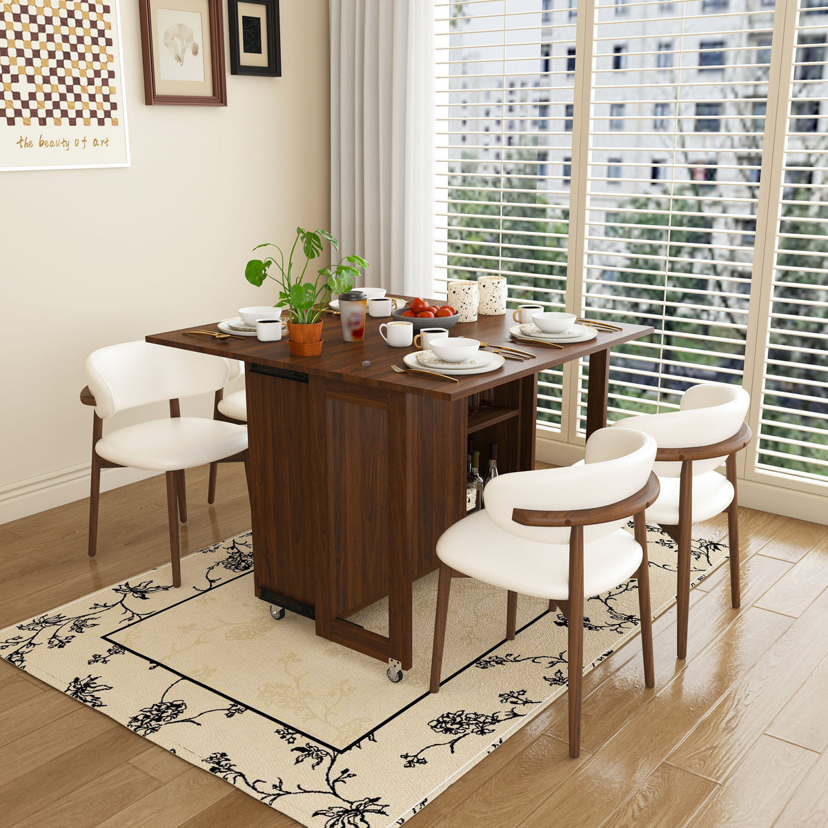 3 In 1 Foldable Side Table With 4 Storage Shelves