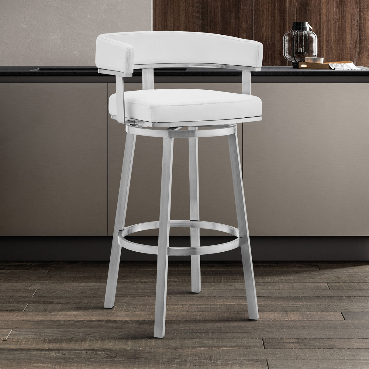 Lorin - 26" Faux Leather And Brushed Stainless Steel Swivel Bar Stool - White