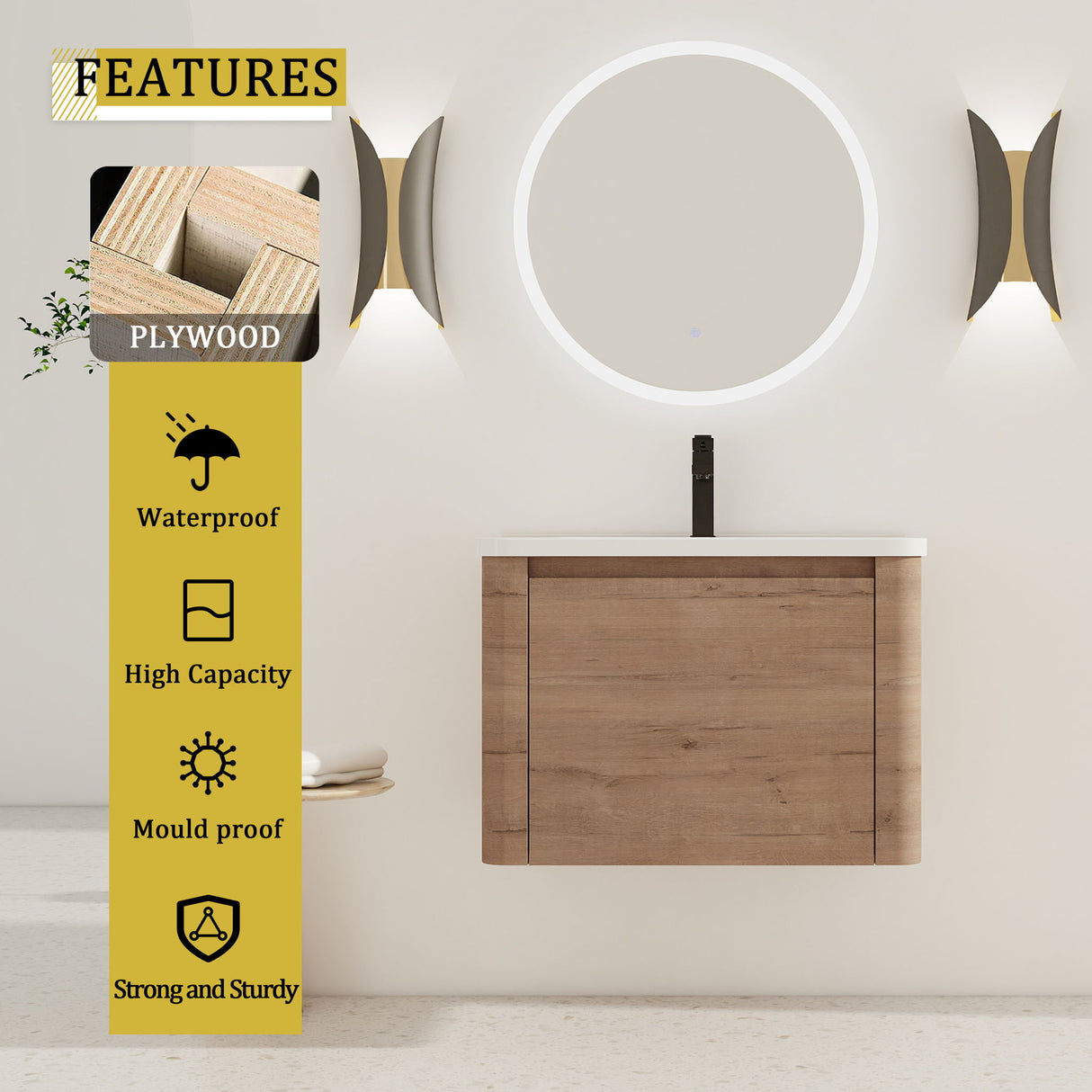 Wall Mounted Bathroom Vanity With Sink, Storage Shelves & Soft Close Door