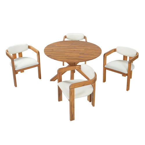 5-Piece Outdoor Acacia Wood Round Dining Set Beige Cushion