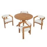 5-Piece Outdoor Acacia Wood Round Dining Set Beige Cushion