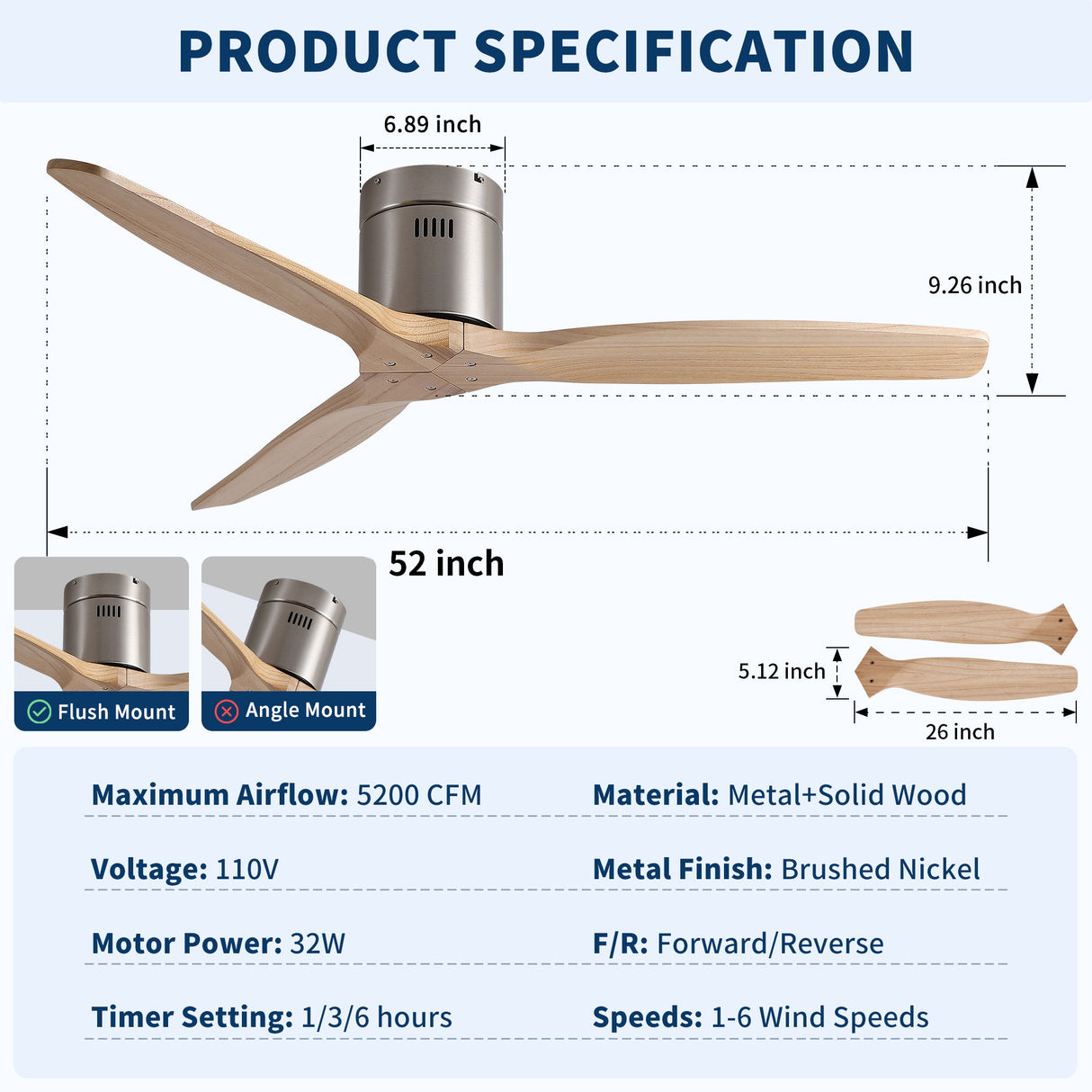 Low Profile Flush Mount Ceiling Fan Without Light