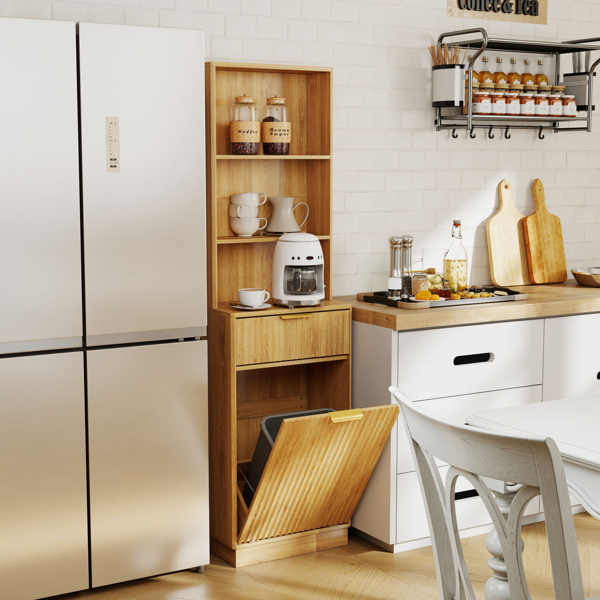 Tall Narrow Fluted Storage Cabinet With Trash Bin Compartment For Kitchen (Trash Can Not Included)