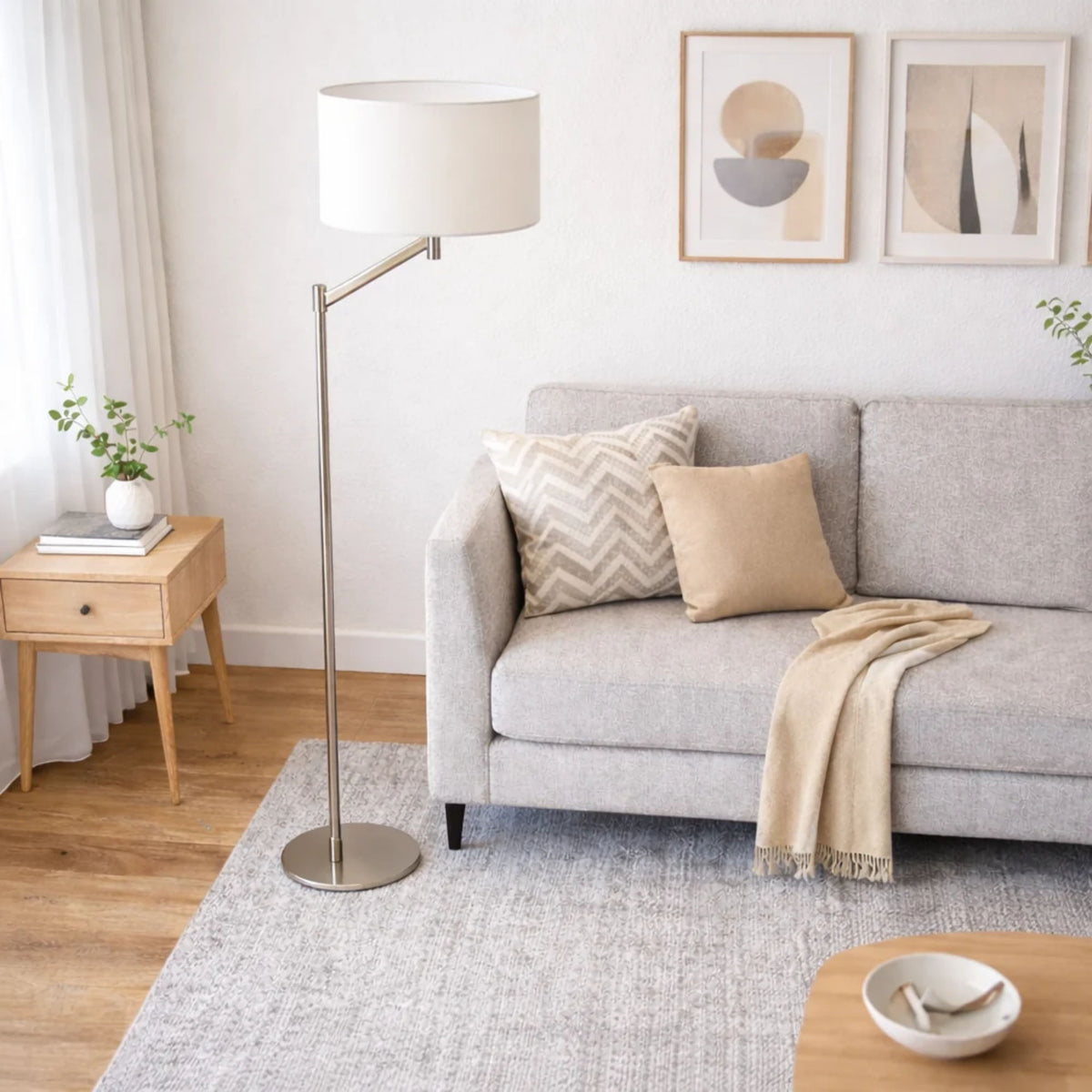 Serene - Floor Lamp With Rotary Switch Base Linen Shade - Brushed Nickel / White
