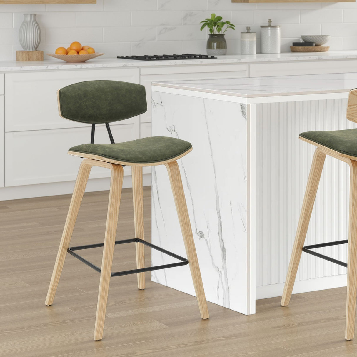 Fox - Counter Height Curved Back Wood Bar Stool With Faux Leather Seat