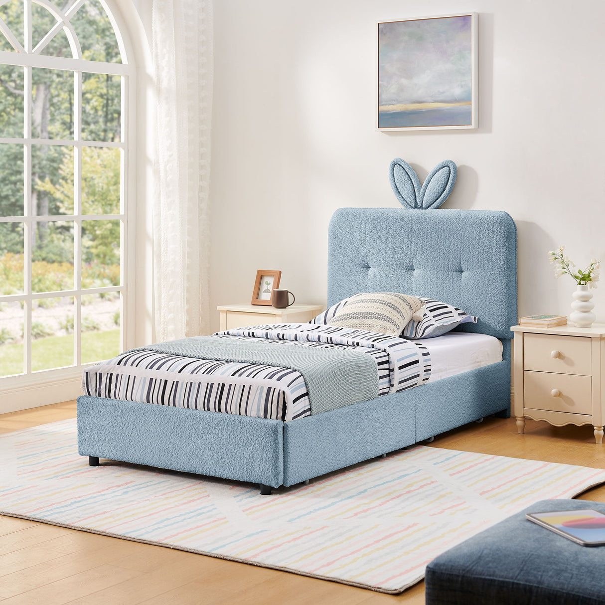 Upholstered Bed With Oversized Rabbit Ear Headboard, LED Lights & 4 Storage Drawers