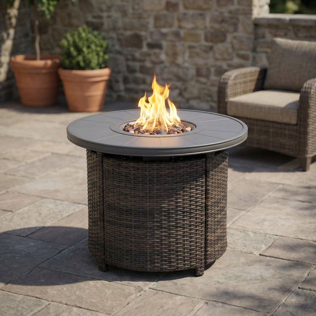 Outdoor Fire Pit Table Propane Heater Wicker 32x25in
