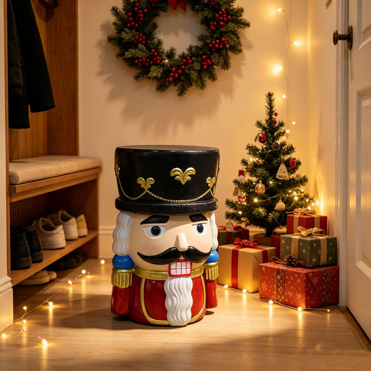 Classic Nutcracker Soldier Stool, Retro Christmas Decor Figurine Seat, Indoor Outdoor Use - Black / Red