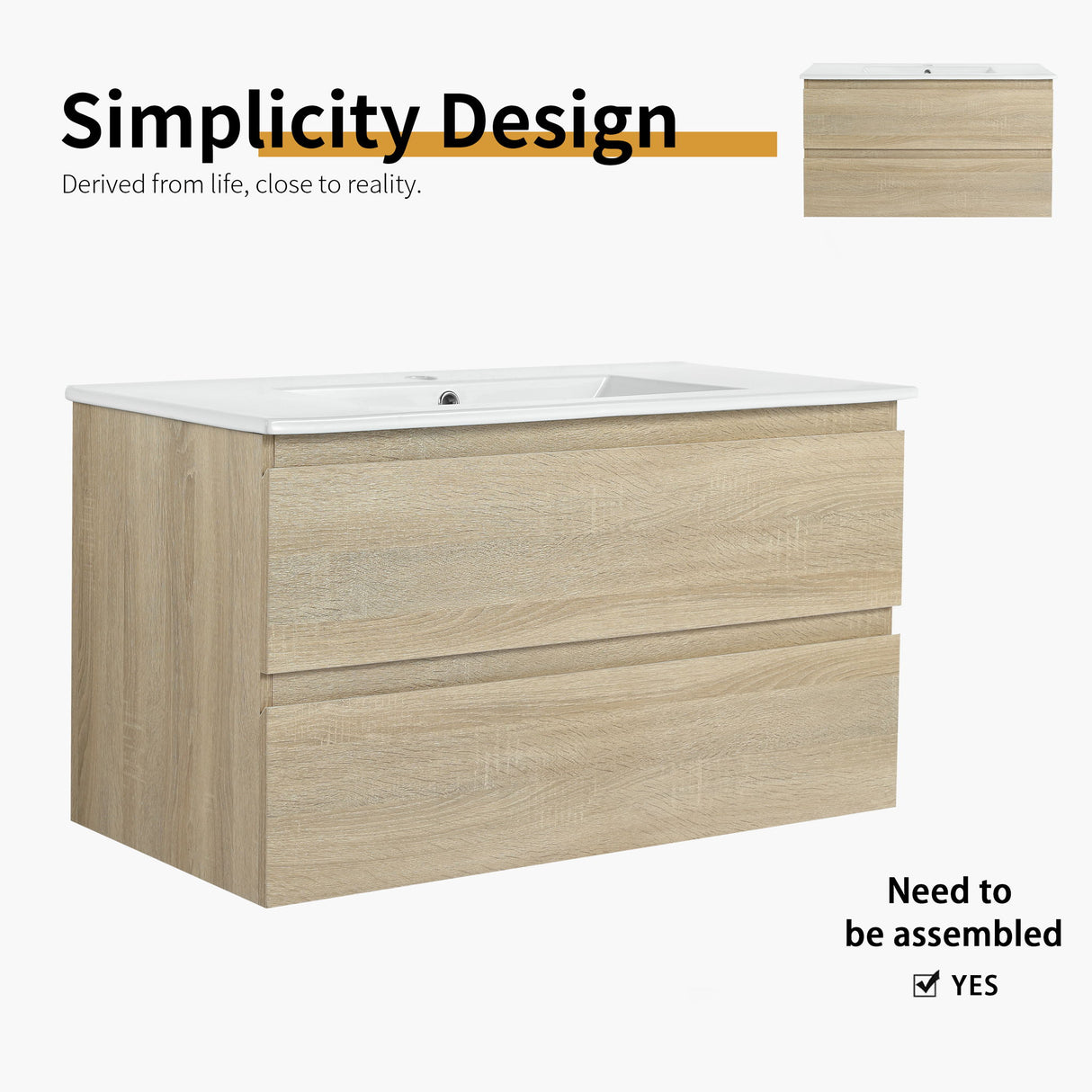 Wall Mounted Bathroom Vanity & Sink, 2 Soft Close Drawers
