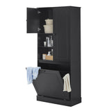 Modern Tall Storage Cabinet With Adjustable Shelves, Flip-Out Basket & Enclosed Doors