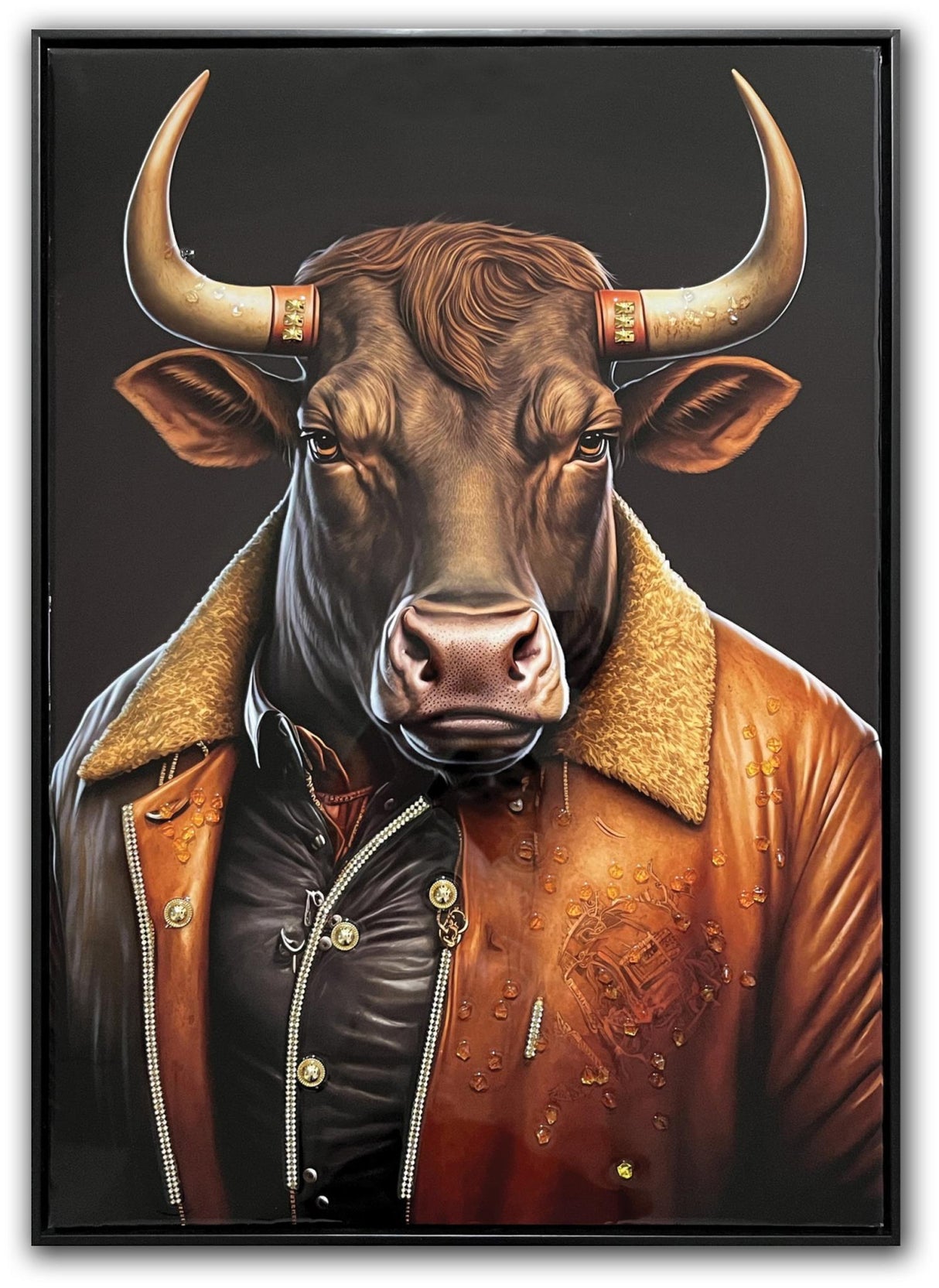 Bull in Leather 2 Gloss Canvas with Studs in Frame