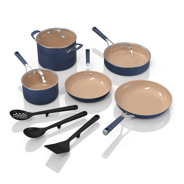 Ninja CW49011 Navy Blue 11-piece cookware set with black utensils