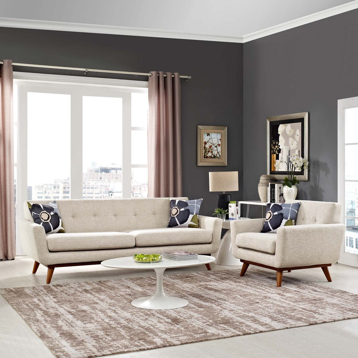 2 Piece 123" Gently Sloping Curved Upholstered Armchair and Sofa Set