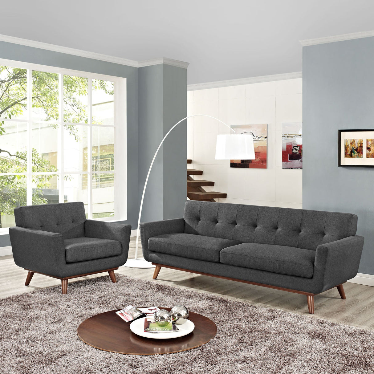 2 Piece 123" Gently Sloping Curved Upholstered Armchair and Sofa Set