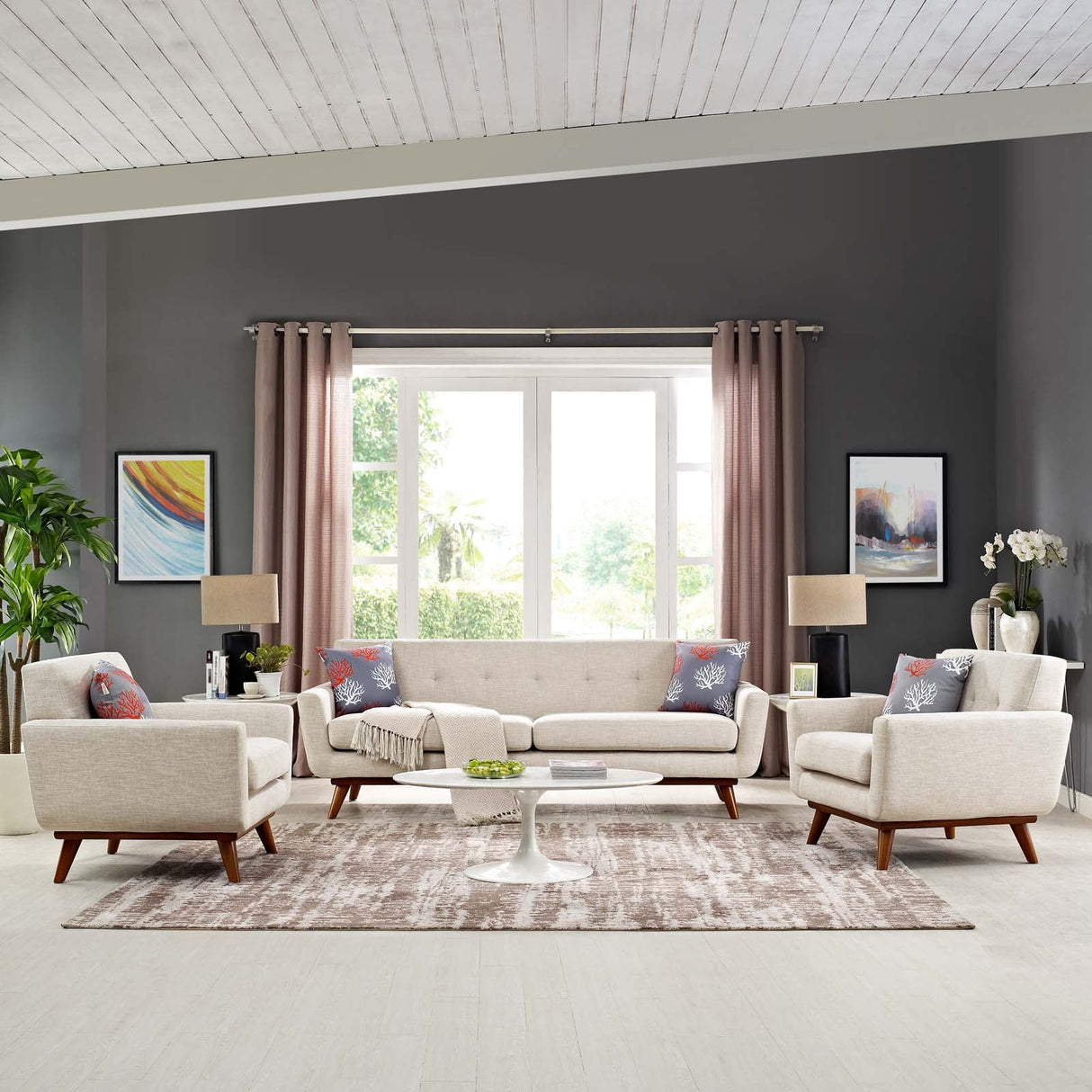 3 Piece 123" Gently Sloping Curved Upholstered Armchairs and Sofa Set