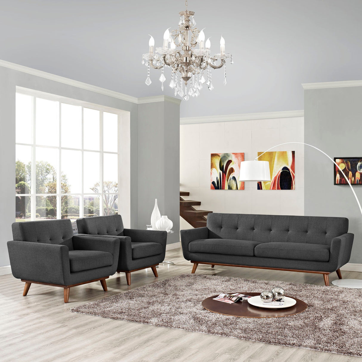 3 Piece 123" Gently Sloping Curved Upholstered Armchairs and Sofa Set