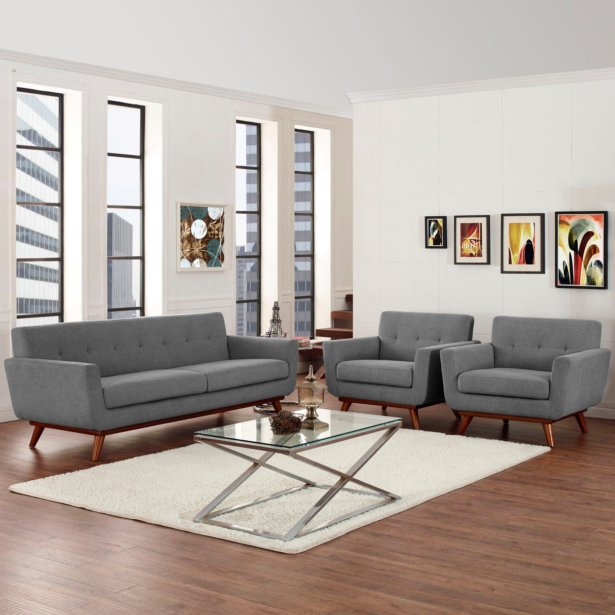 3 Piece 123" Gently Sloping Curved Upholstered Armchairs and Sofa Set
