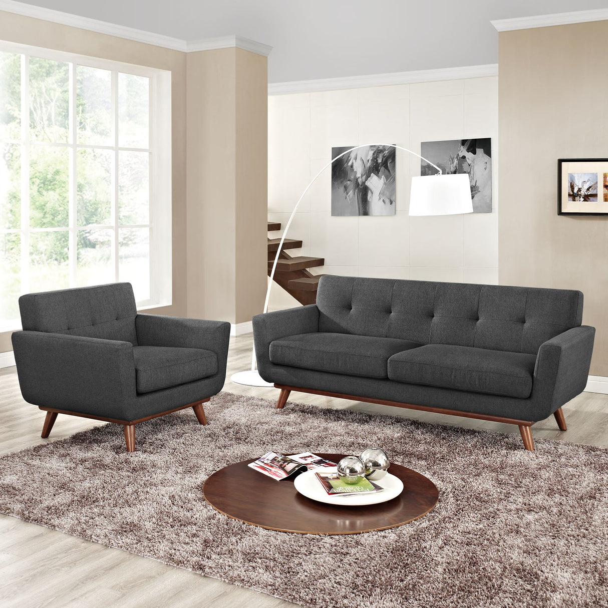 2 Piece 73" Gently Sloping Curved Upholstered Armchair and Loveseat Set