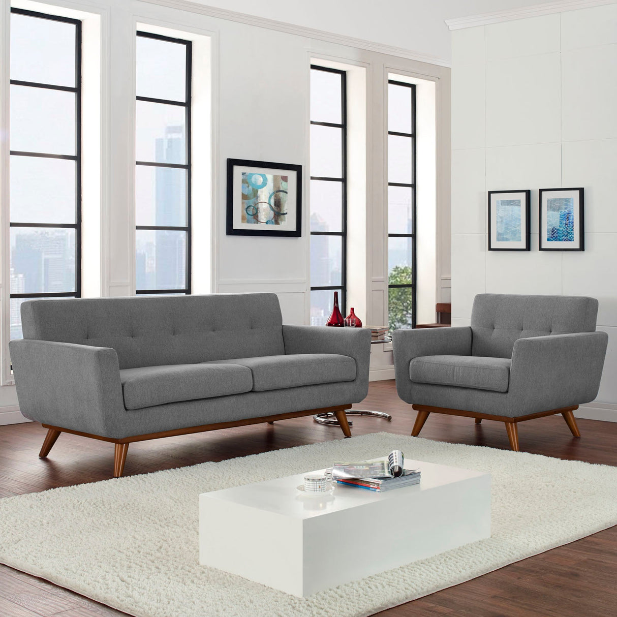 2 Piece 73" Gently Sloping Curved Upholstered Armchair and Loveseat Set