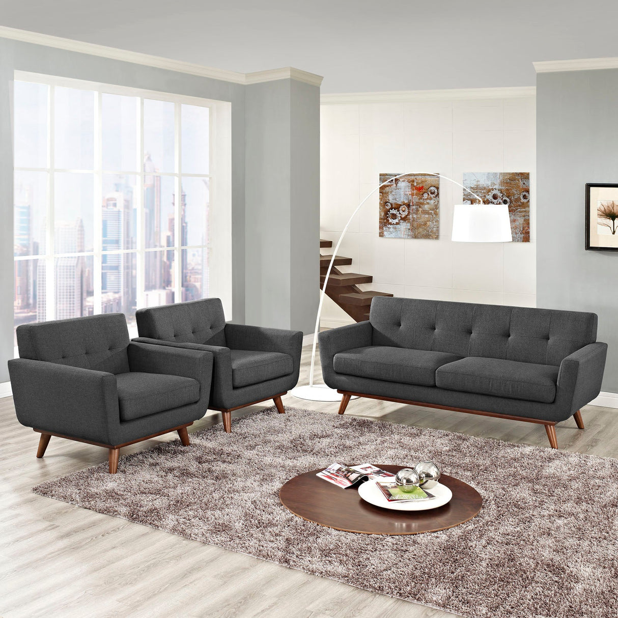 3 Piece 123" Gently Sloping Curved Upholstered Armchairs and Loveseat Set