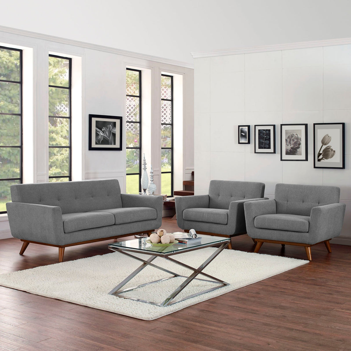 3 Piece 123" Gently Sloping Curved Upholstered Armchairs and Loveseat Set