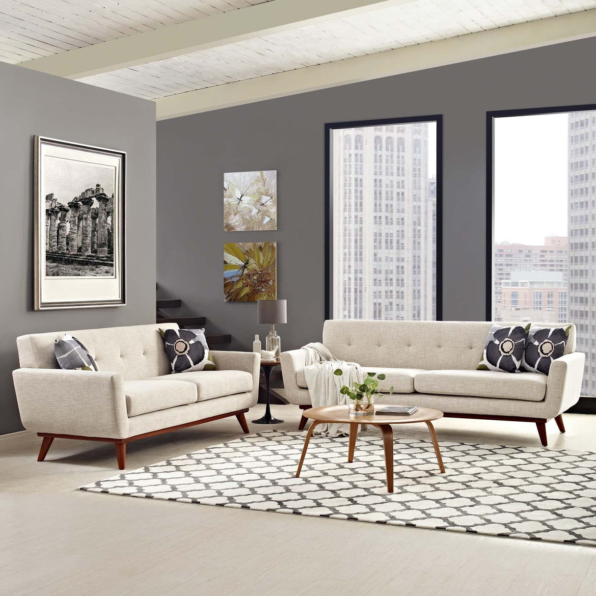2 Piece 124" Gently Sloping Curved Upholstered Fabric Loveseat and Sofa Set