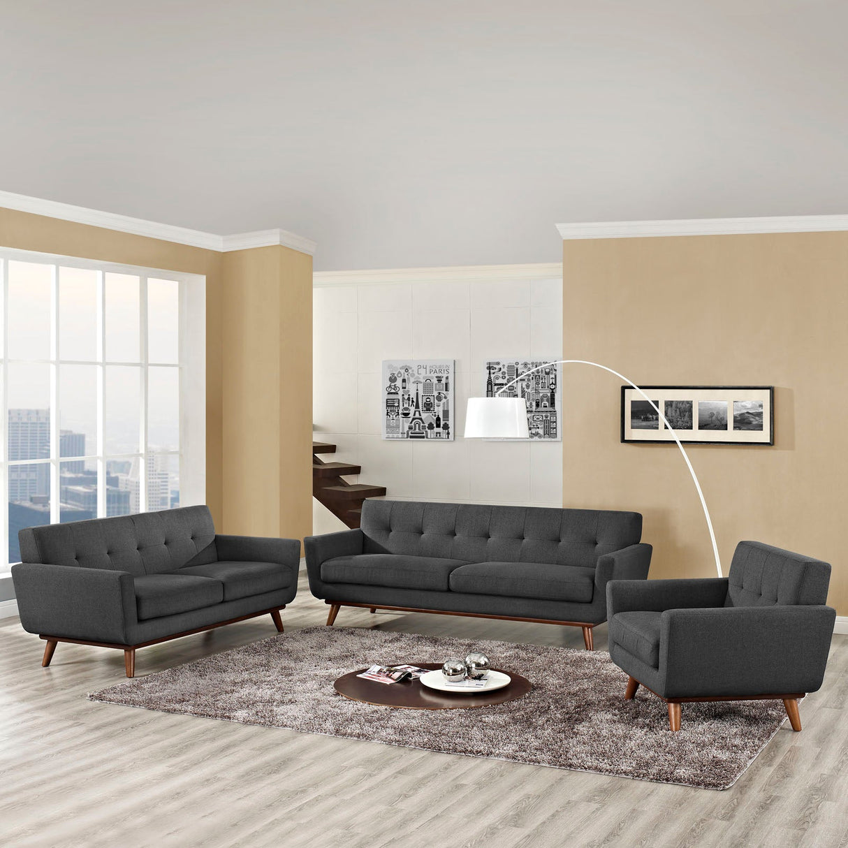 3 Piece 124" Gently Sloping Curved Upholstered Fabric Sofa Loveseat and Armchair Set