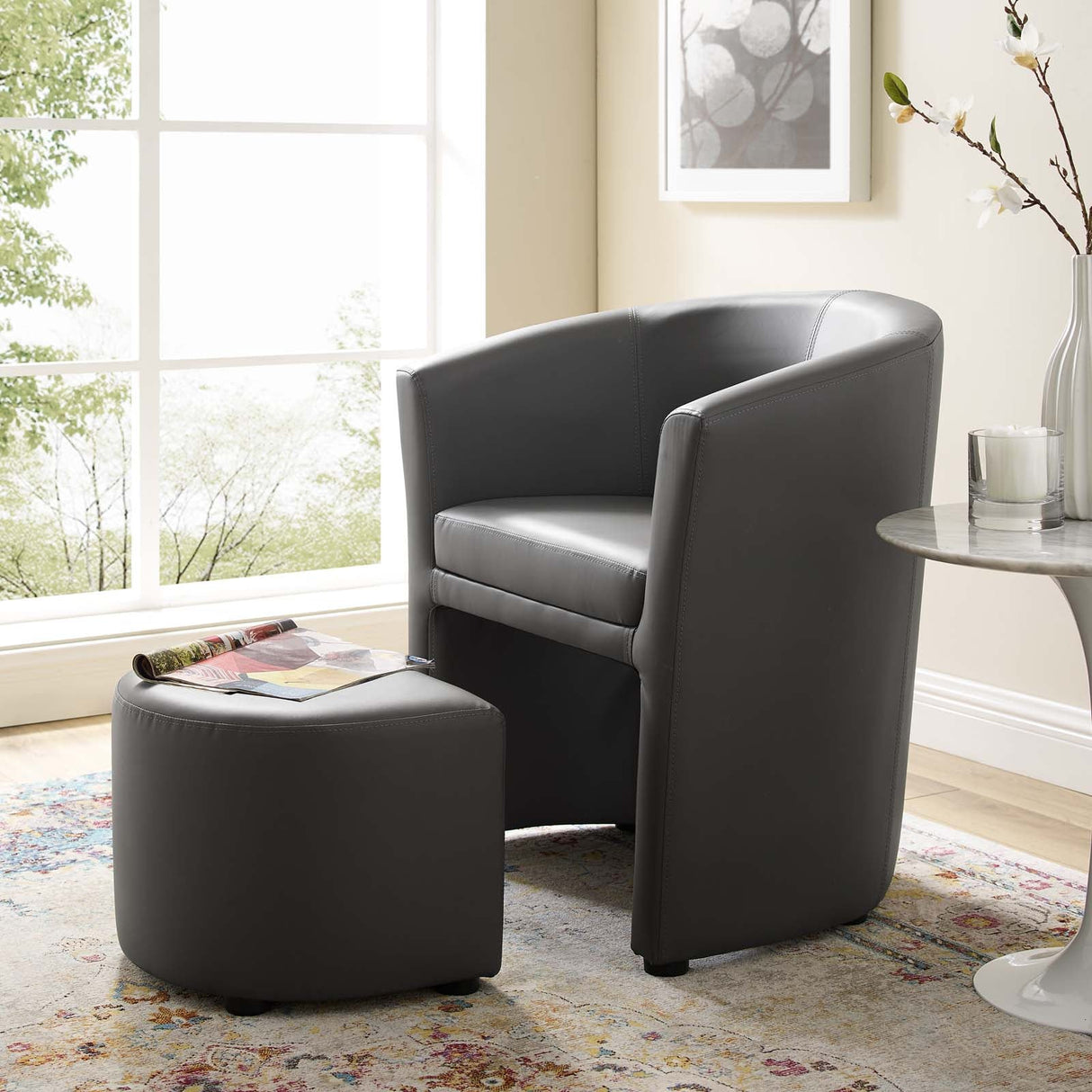22 Inch Faux Leather Armchair and Ottoman