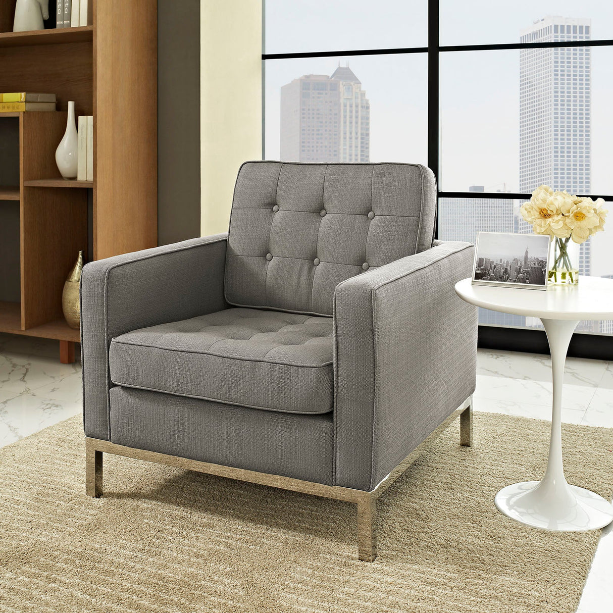 31 Inch Tufted Upholstered Fabric Armchair with Stainless Steel Frame