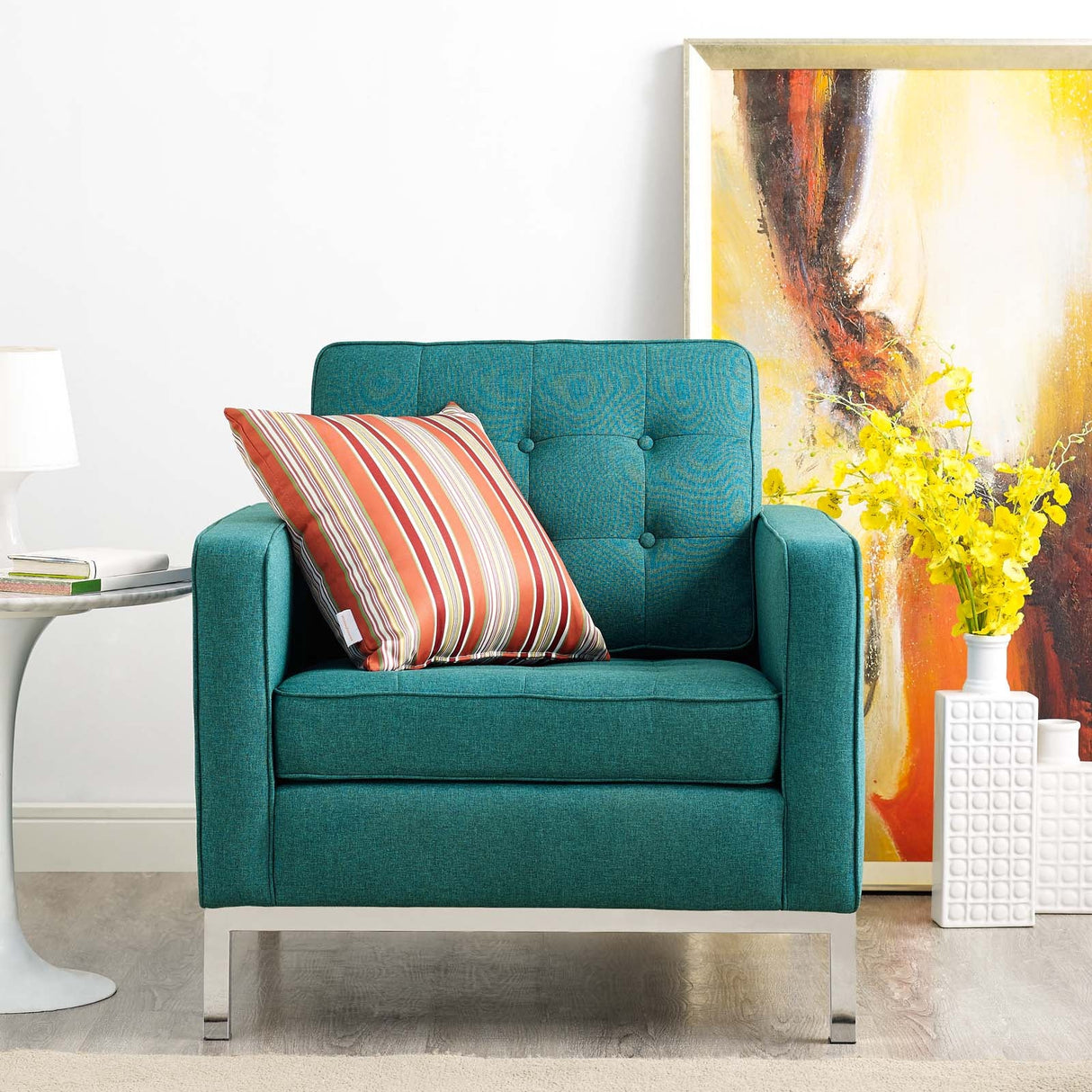 31 Inch Tufted Upholstered Fabric Armchair with Stainless Steel Frame