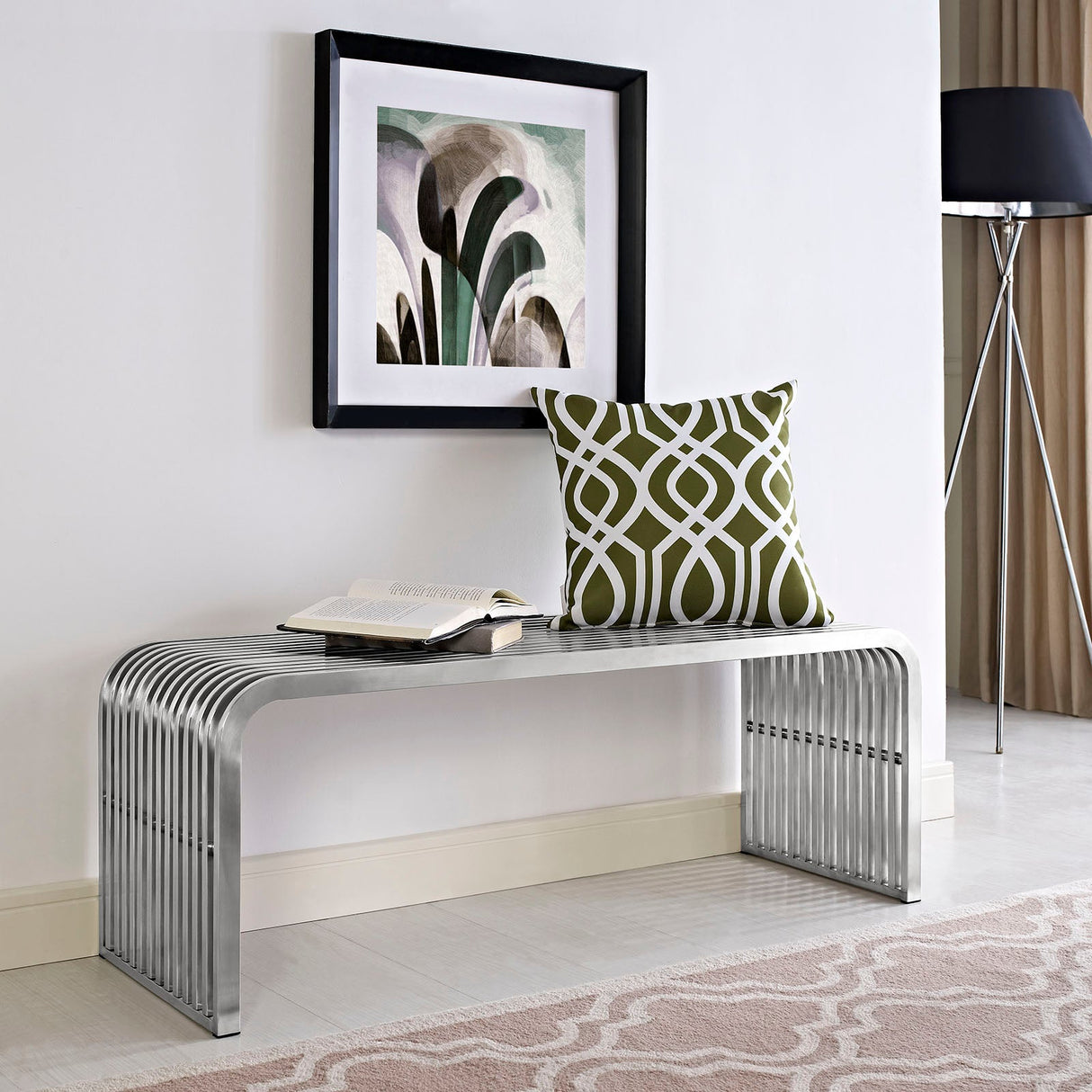 Brushed Stainless Steel Pipe Bench with Fourteen Continuous Tubes in Silver