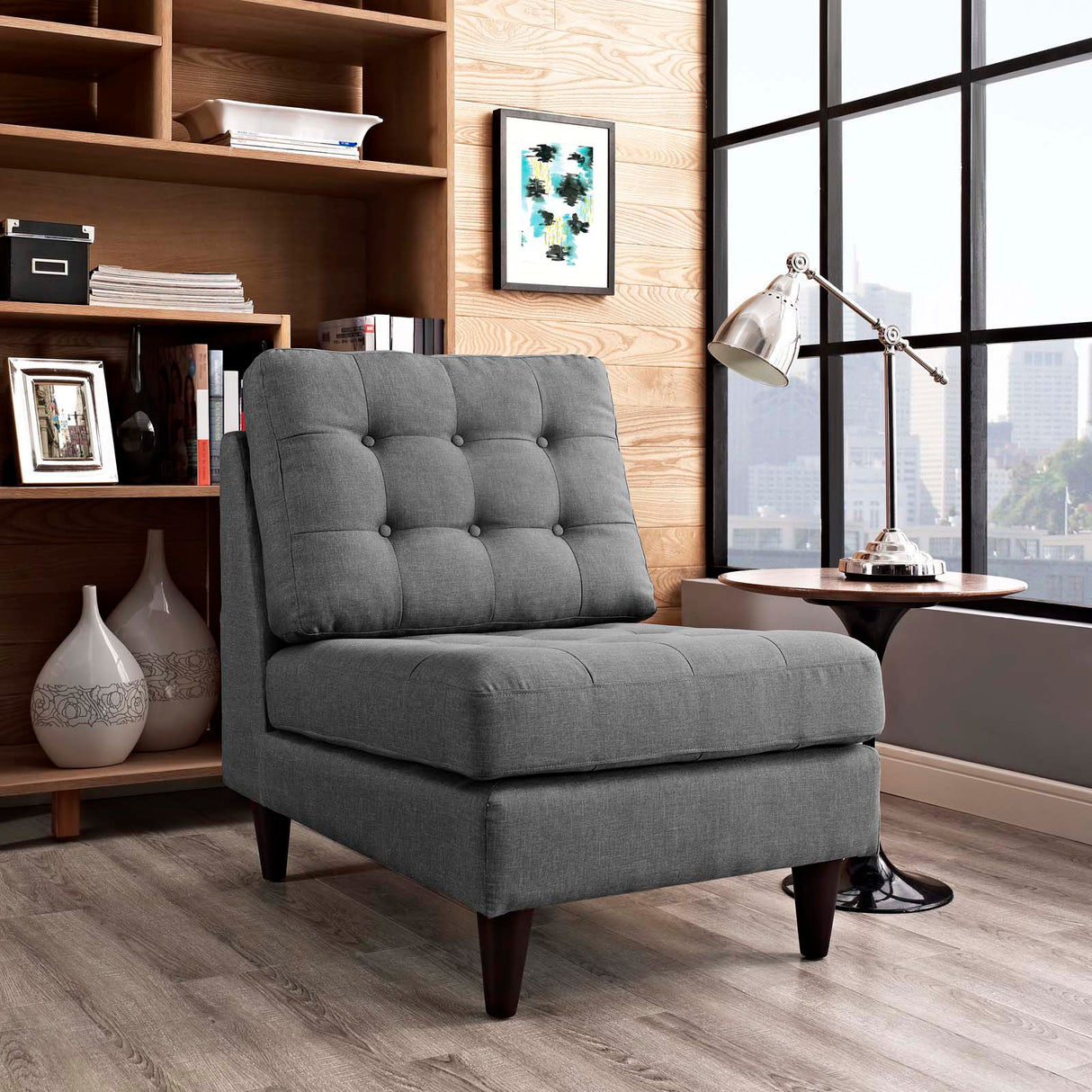 26 Inch Empress Mid-Century Modern Upholstered Fabric Armless Lounge Chair with Deep Button Tufting