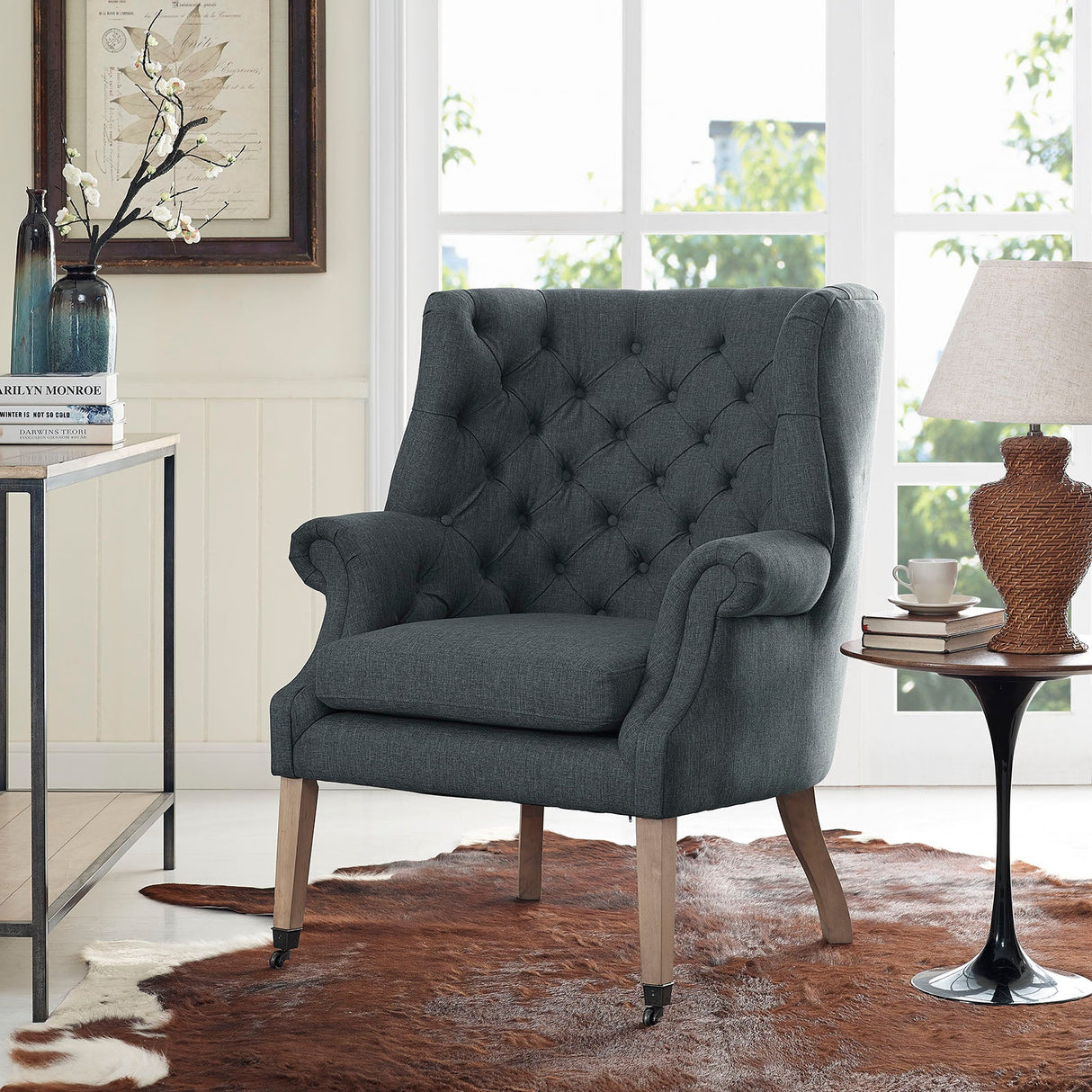 35 Inch Upholstered Fabric Lounge Chair with Front-Leg Casters