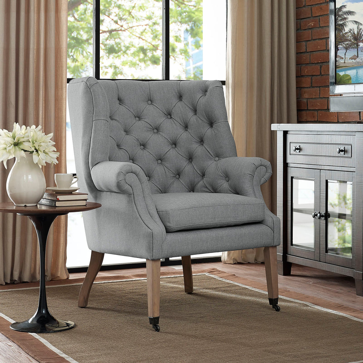 35 Inch Upholstered Fabric Lounge Chair with Front-Leg Casters