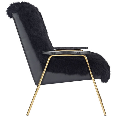 27 Inch Sheepskin Armchair with Solid Oak Armrests and Gold Accents