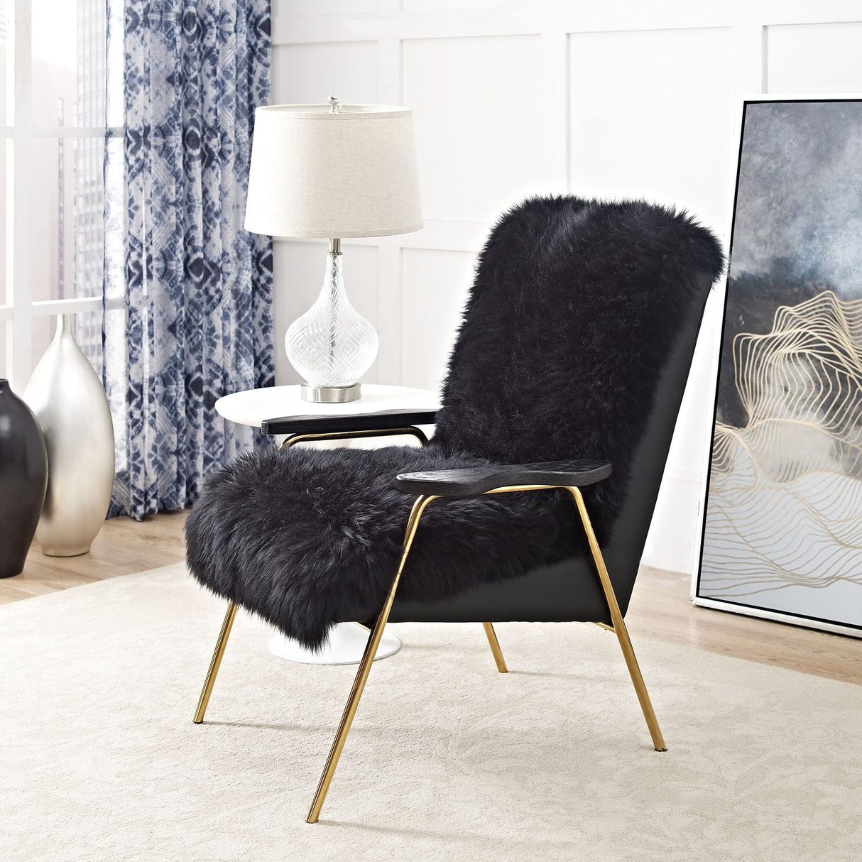 27 Inch Sheepskin Armchair with Solid Oak Armrests and Gold Accents