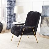 27 Inch Sheepskin Armchair with Solid Oak Armrests and Gold Accents