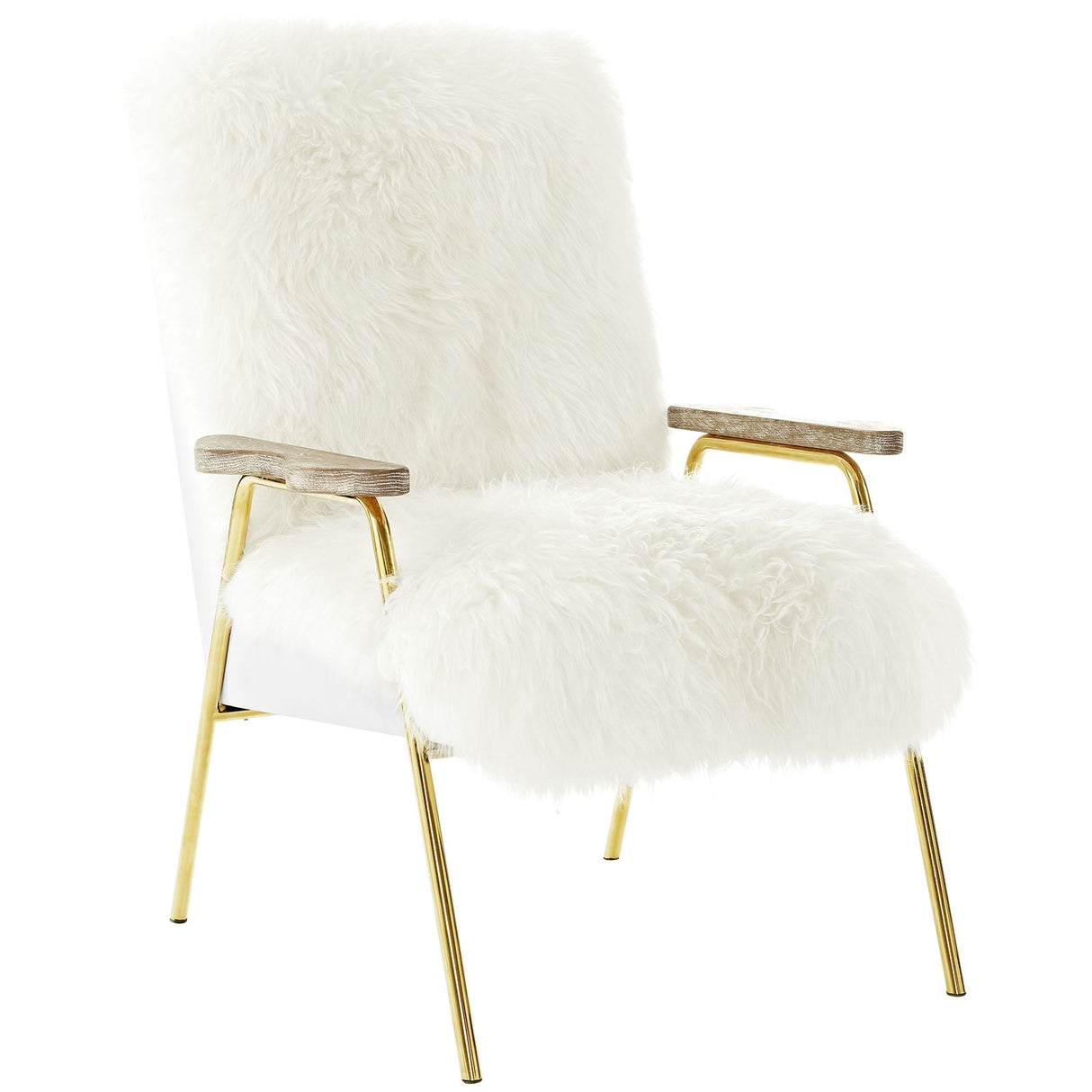 27 Inch Sheepskin Armchair with Solid Oak Armrests and Gold Accents