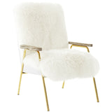 27 Inch Sheepskin Armchair with Solid Oak Armrests and Gold Accents