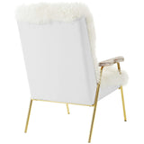 27 Inch Sheepskin Armchair with Solid Oak Armrests and Gold Accents