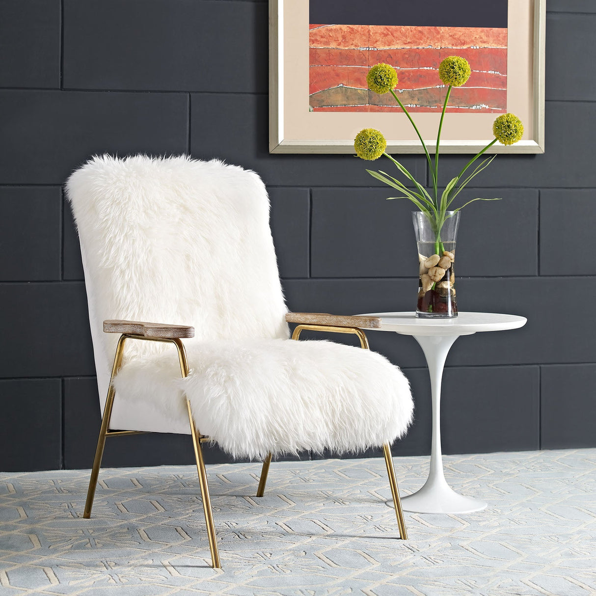 27 Inch Sheepskin Armchair with Solid Oak Armrests and Gold Accents