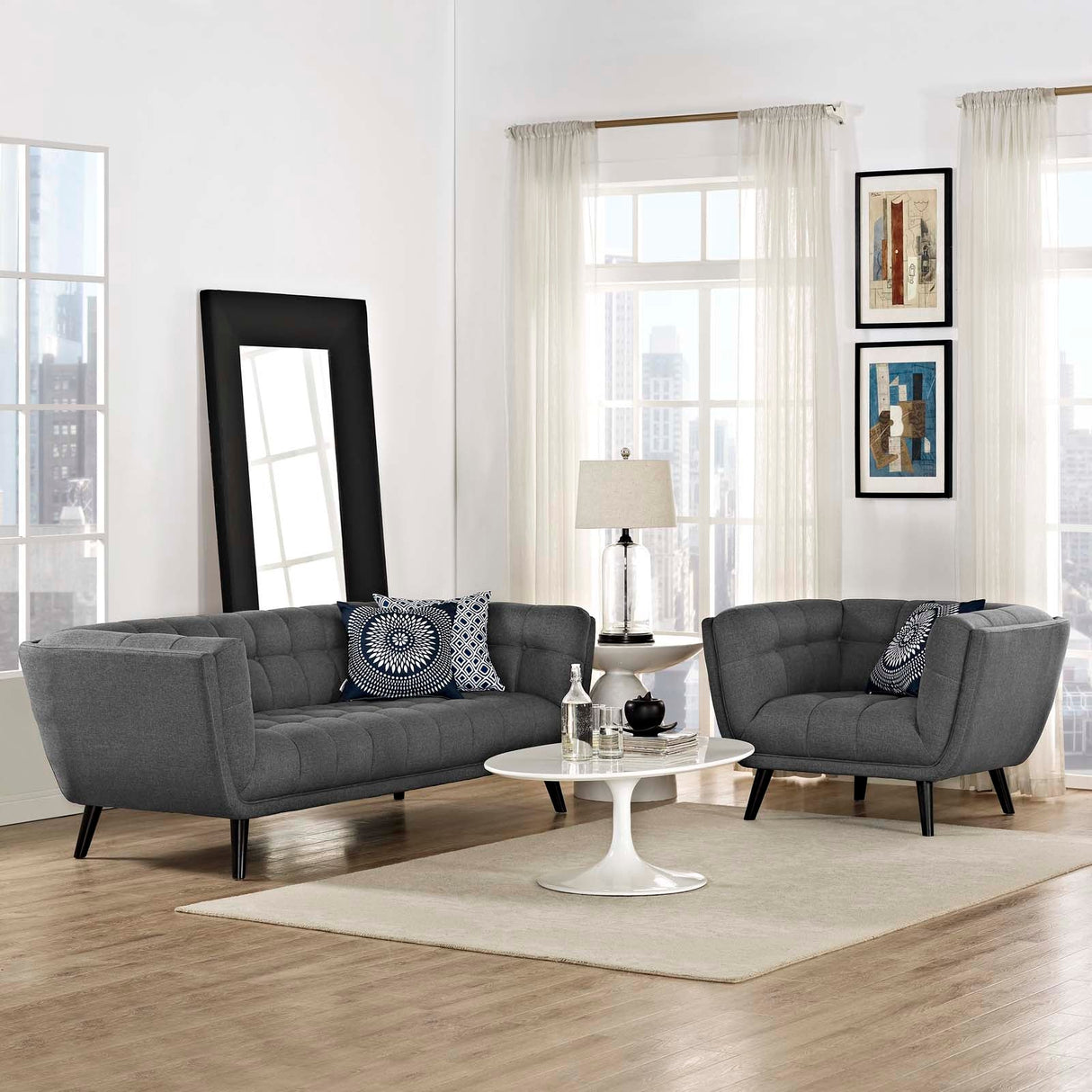 2 Piece 130" Broad Profile Upholstered Fabric Sofa and Armchair Set in Gray