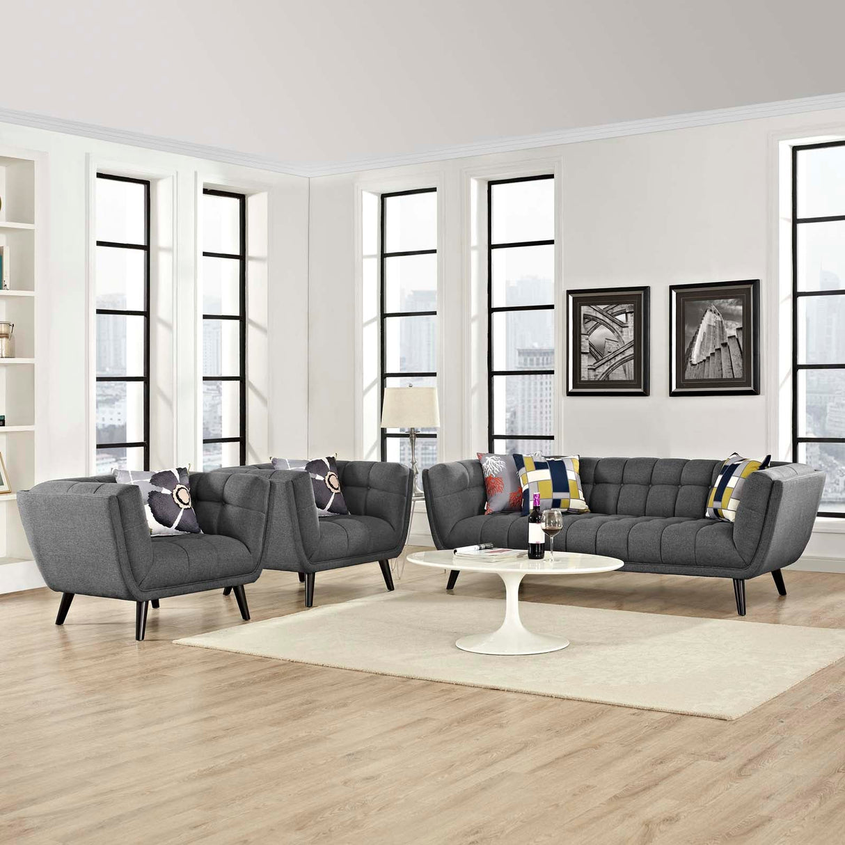 3 Piece 173" Broad Profile Upholstered Fabric Sofa and Armchair Set in Gray