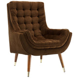34 Inch Mid-Century Modern Performance Velvet Lounge Chair with Deep Button Tufting and Gold Accents