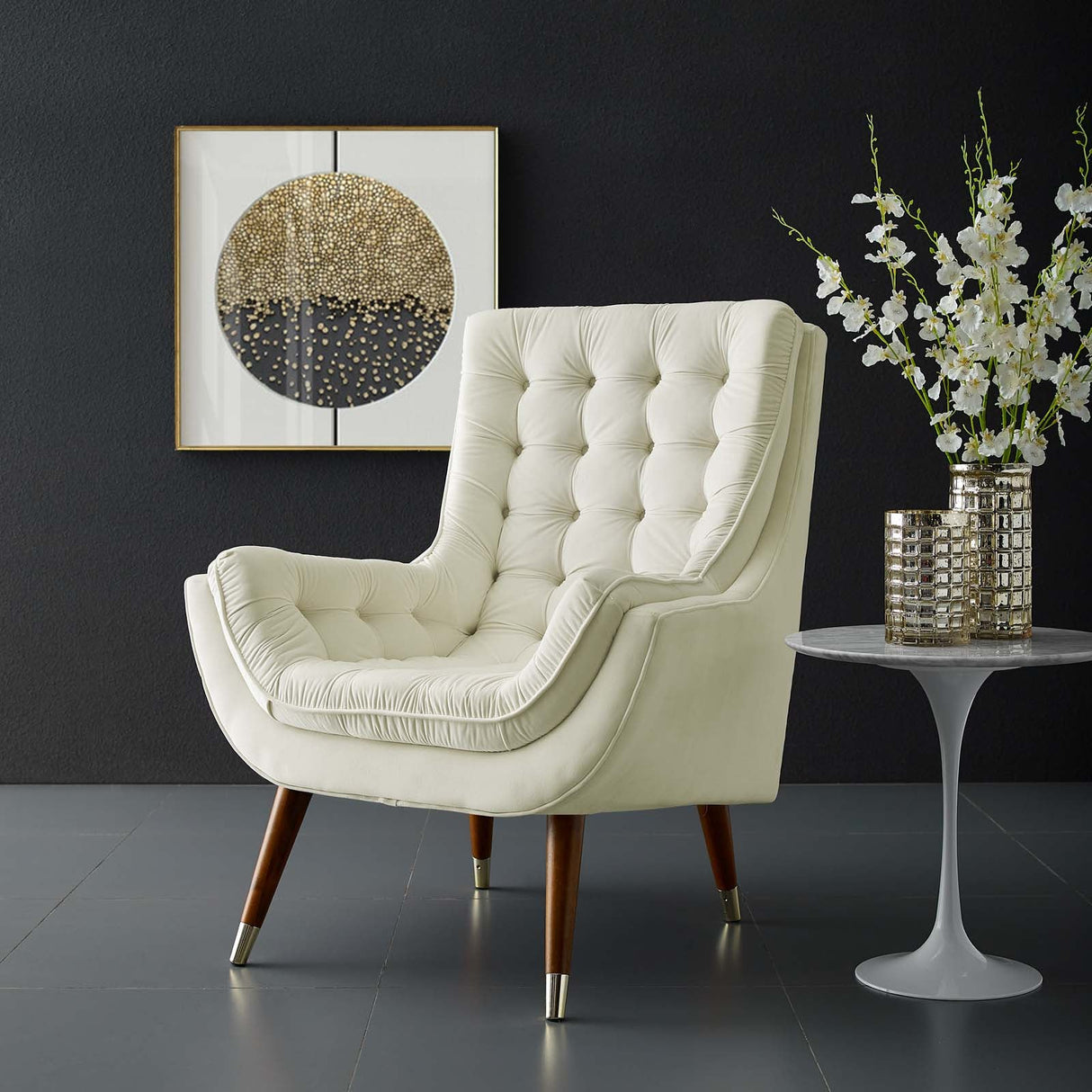 34 Inch Mid-Century Modern Performance Velvet Lounge Chair with Deep Button Tufting and Gold Accents