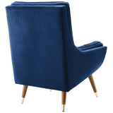 34 Inch Mid-Century Modern Performance Velvet Lounge Chair with Deep Button Tufting and Gold Accents